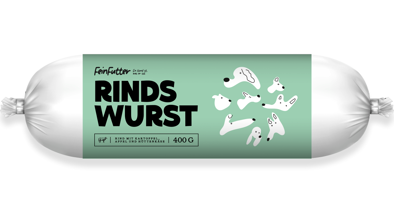 FeinFutter Hundewurst Rind mit Kartoffel - Nassfutter für Hunde - 84% frisches Rindfleisch
