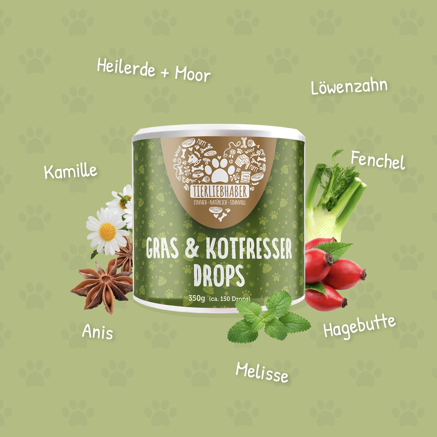 Tierliebhaber - Gras- & Kotfresser Drops für Hunde 350g (150 Stück)