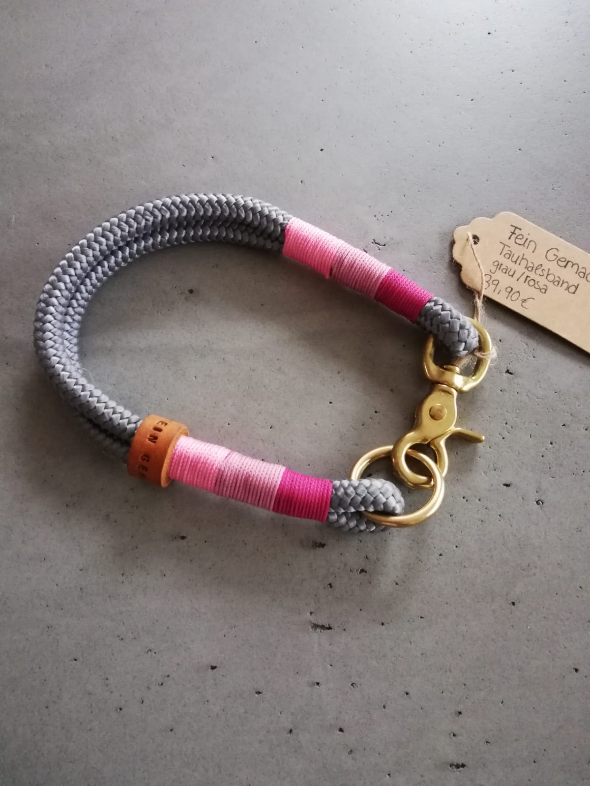 3-farbig getakeltes Tauhalsband grau-rosa