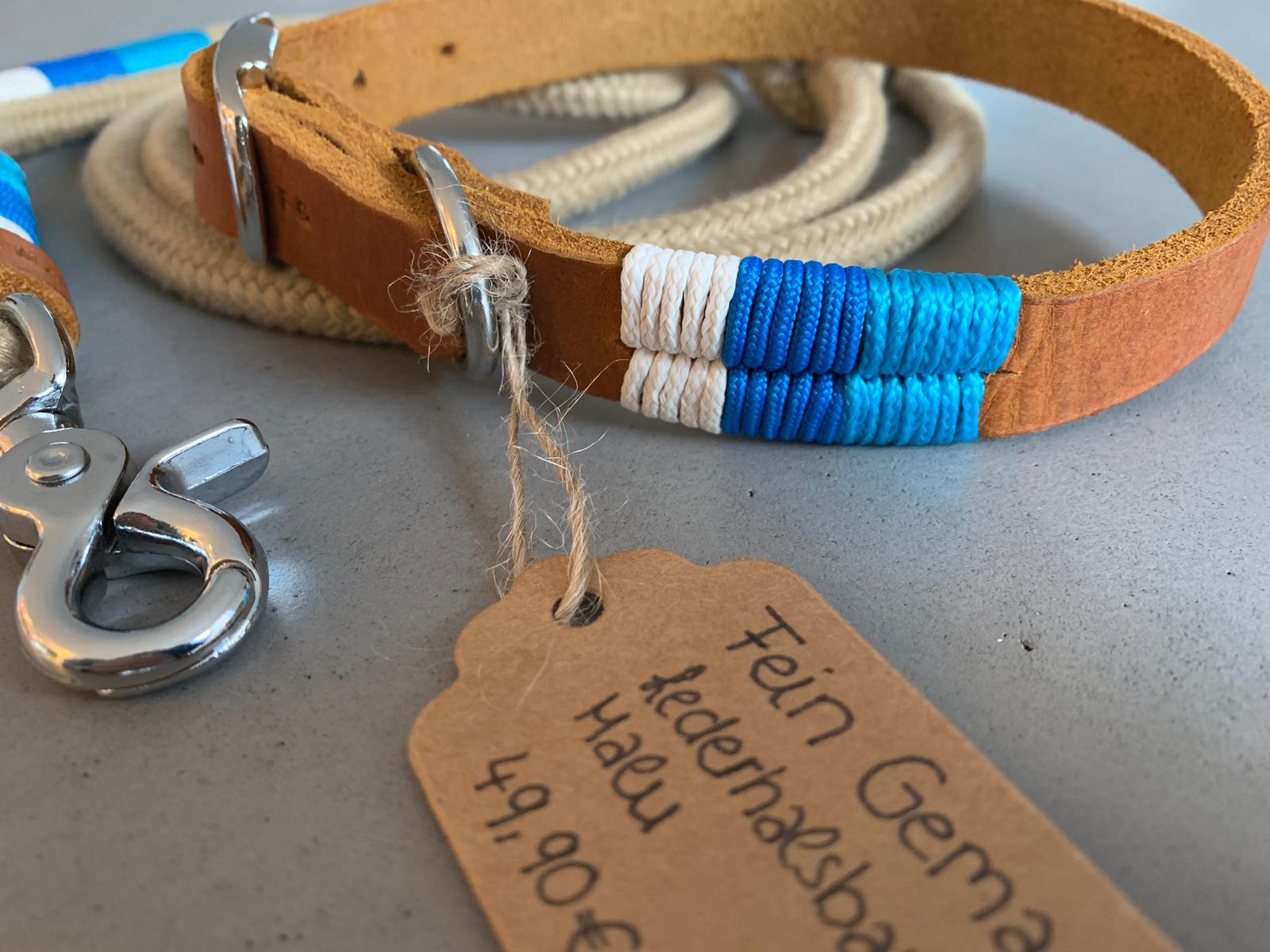 3-farbig getakeltes Lederhalsband creme-hellblau-blau