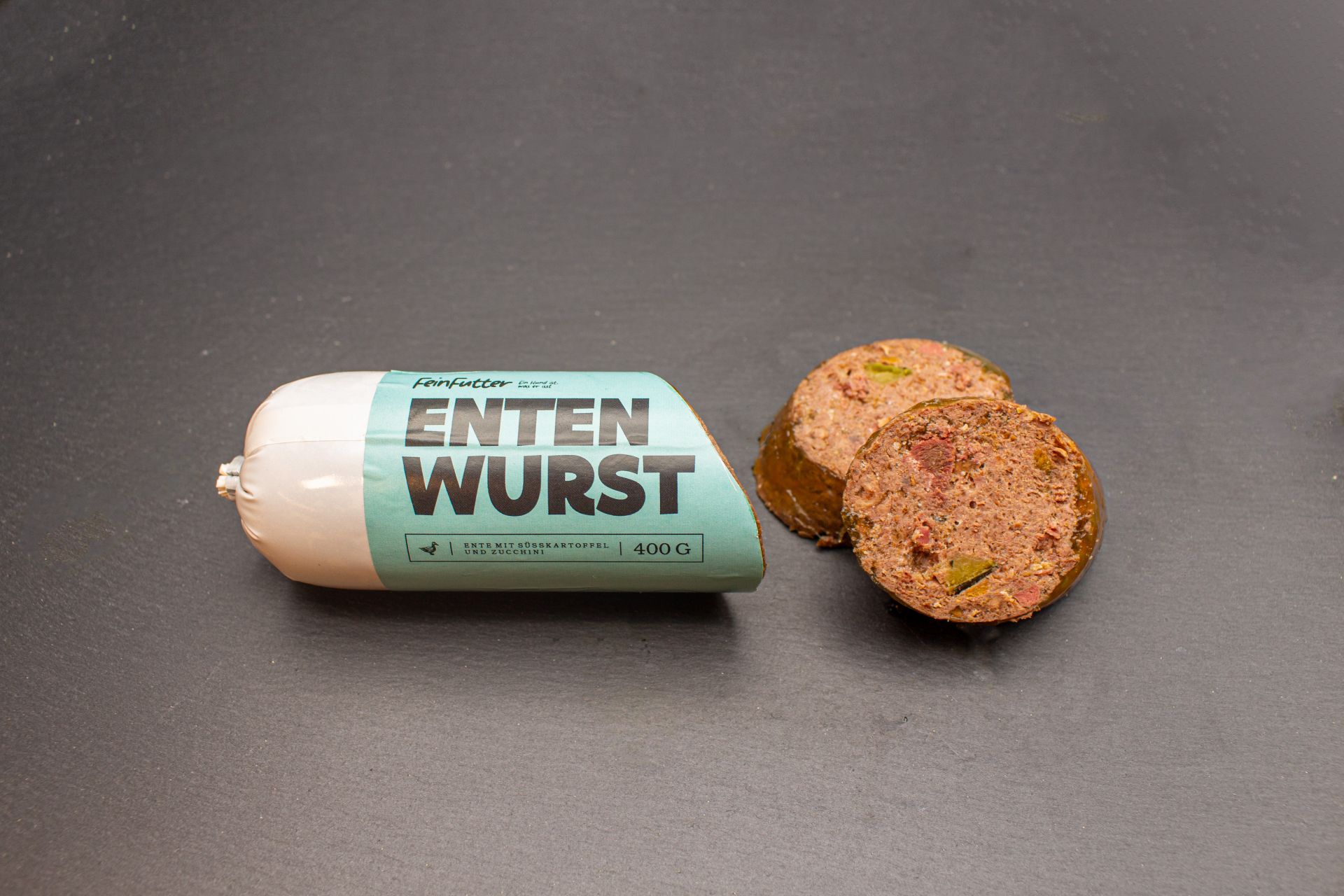 FeinFutter Hundewurst Ente mit Süßkartoffel - Nassfutter für Hunde - 92% frisches Entenfleisch